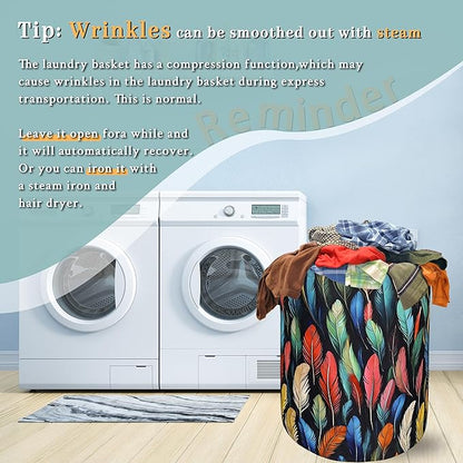 Feathers Laundry Basket Foldable With Handles Funny Tote Bag Oxford Cloth Colorful Feather Laundry Hamper Clothes Storage Bucket Toy Organizer For Bathroom/Laundry/Bedroom 18.9" x 16.5 "