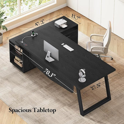 70.3 inch L Shaped Executive Desk with Power Outlets, Large Home Office Desk with Storage Drawers and File Cabinet, Modern Computer Desk with Shelves, Black Business Furniture, Square Metal Legs
