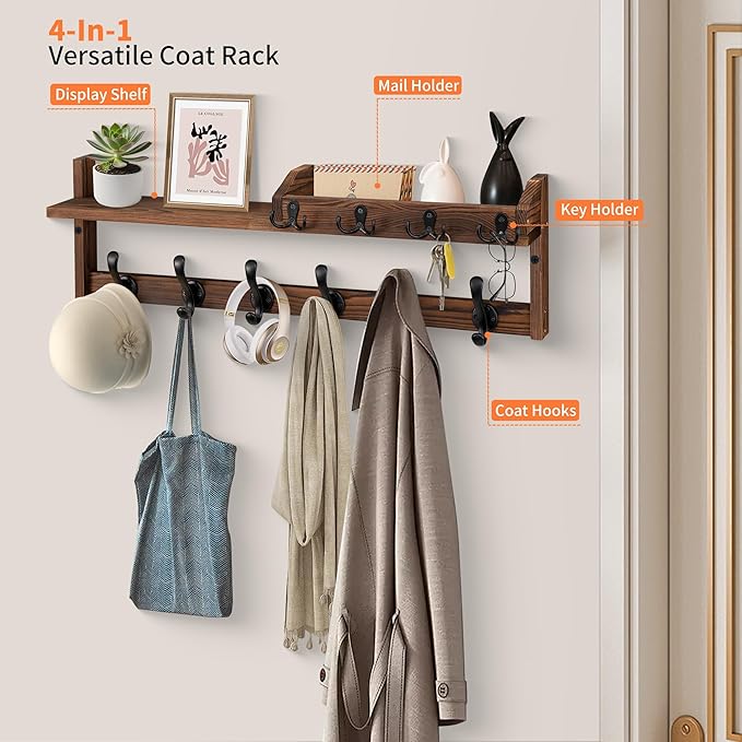 Coat Rack Wall Mount with Shelf, 27.5" Entryway Wall Hanging Shelf, Coat and Key Hanger with 10 Dual Hooks, Mail Organizer and Key Holder Hat Rack for Wall, Wood Coat Hooks with Storage