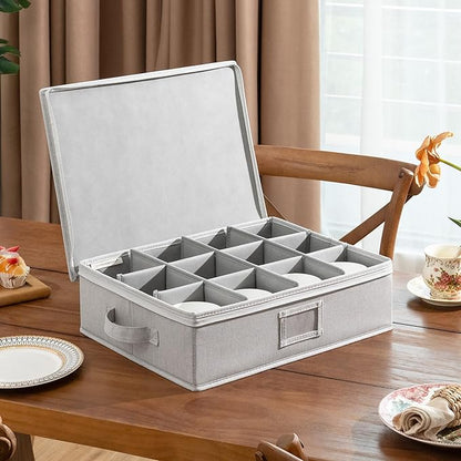 StorageWorks China Storage Container, Stackable Mug Storage Box with Dividers, Stemware Storage Cases, Hard Shell China Cup Organizer, Holds 12 Tea Cups and Coffee Mug, 2 Pack, Light Gray