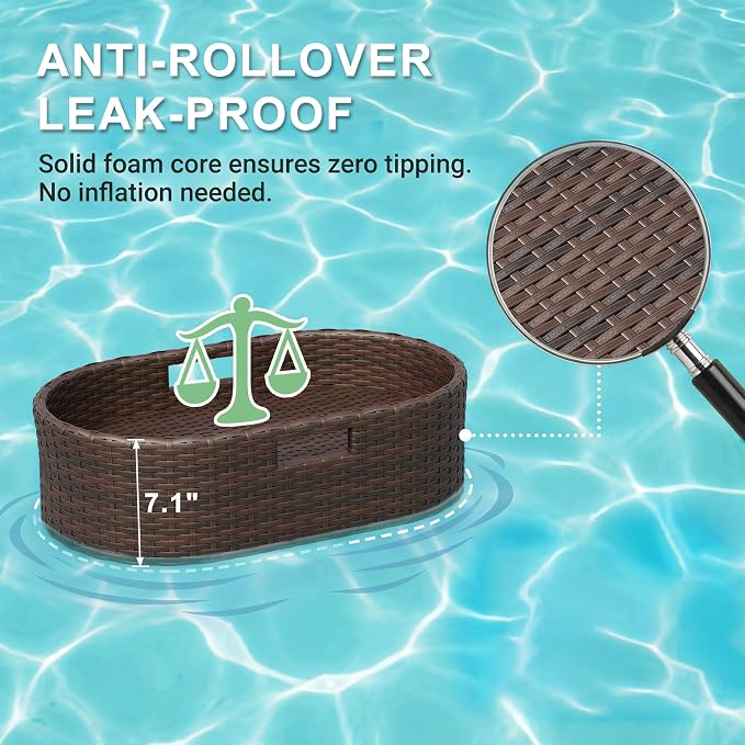 Greesum Wicker Pool Floating Tray, 26”x15” Oval Portable Serving Tray for Holding Fruits, Drinks & Essentials, Suitable for Pool Activities, Bathtub, Hot Tub, Beach Parties, Brown