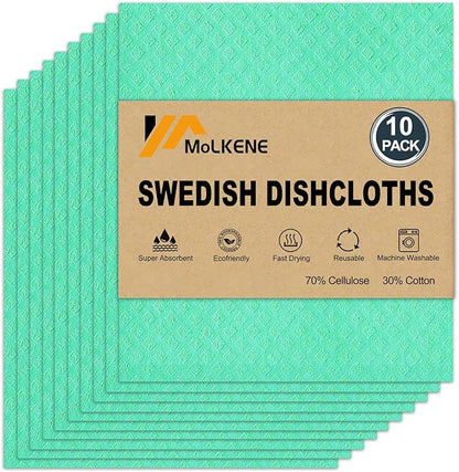 MoLKENE Swedish Dishcloths - 10 Pack Reusable Kitchen Dishcloths - Ultra Absorbent Dish Towels for Washing Dishes - Cellulose Sponge Cloth Cleaning Cloths - Green