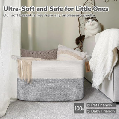 Goodpick Woven Storage Baskets for Organizing 22”x17”x12” Large Blanket Basket for Living Room Home Decor, Rectangle Rope Toy Basket for Kids, Gift Baskets Empty with Handles, Gray