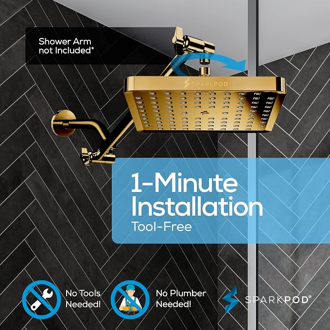 SparkPod Rain Shower Head, 8 Inch Square | High Pressure Shower Heads, 90 Nozzle (Touch-to-Clean), Adjustable Showerhead, No-tool Universal Connection
