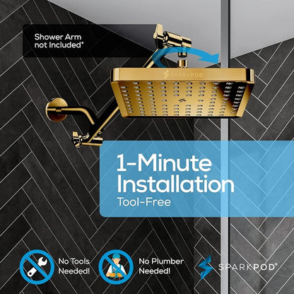 SparkPod Rain Shower Head, 8 Inch Square | High Pressure Shower Heads, 90 Nozzle (Touch-to-Clean), Adjustable Showerhead, No-tool Universal Connection