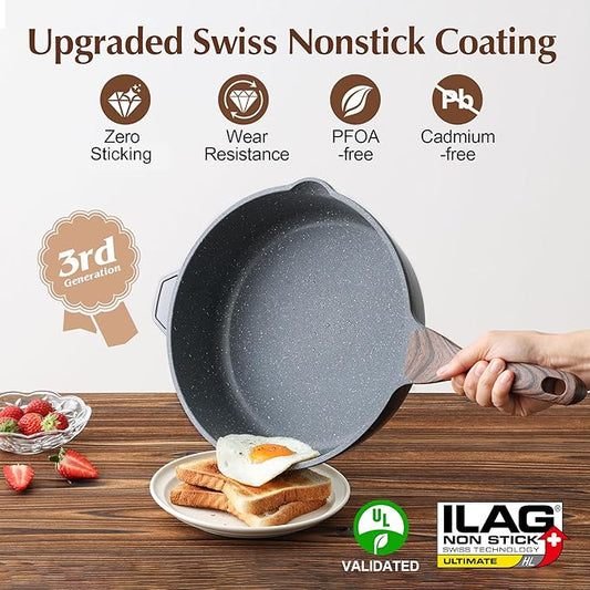 SENSARTE Nonstick Deep Frying Pan Skillet, 12-inch Saute Pan with Lid, Stay-cool Handle, Chef Pan Healthy Stone Cookware Cooking Pan, Induction Compatible, PFOA Free