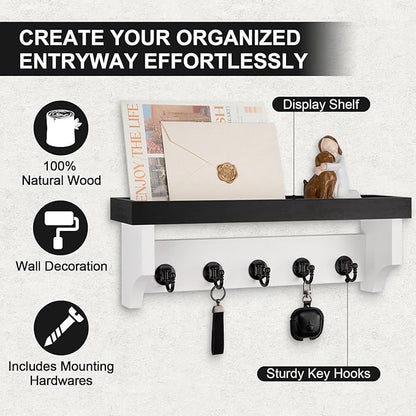 Key and Mail Holder Wall Mount, Key Holder with Shelf and Mail Organizer Wall Mount. Mail Holder with 5 Hooks for Coat, Dog Leash, Home Decor Rack, Entry Way Organizer (Black & White)