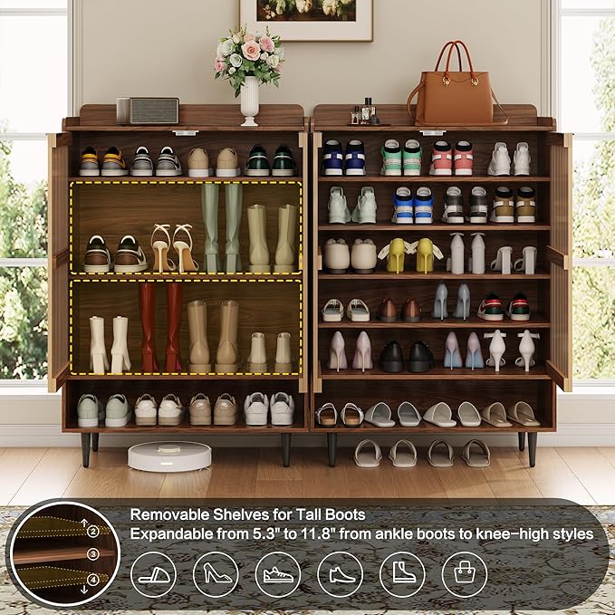 7-Tier Shoe Cabinet with Doors, 21 Pairs Entryway Storage Cabinet, Wooden Shoe Organizer with Adjustable Shelves, Farmhouse Free Standing Shoe Cabinet for Hallway, Living Room (Walnut Brown)