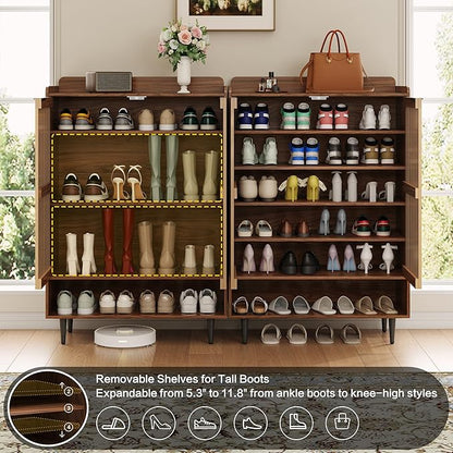 7-Tier Shoe Cabinet with Doors, 21 Pairs Entryway Storage Cabinet, Wooden Shoe Organizer with Adjustable Shelves, Farmhouse Free Standing Shoe Cabinet for Hallway, Living Room (Walnut Brown)