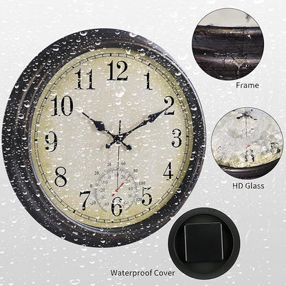 16 Inch Large Outdoor Clock, Waterproof Wall Clock with Thermometer, Battery Operated Silent Non-Ticking Vintage Wall Clock Quartz Round Clock Home Decor,Black Bronze