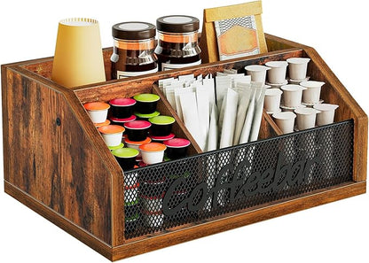 YATINEY Coffee Pod Organizer, Wooden Coffee Bar Organizer for Countertop, Versatile Pod Holder with Dividers, Holds Syrup, Cups, Tea Bags, Easy Assembly, Rustic Brown KH11BR