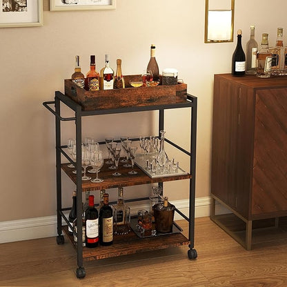 3 Tier Kitchen Cart, Rolling Bar Cart for Tea, Coffee, Liquor, and Drink Service with Removable Serving Detachable Server, Rustic Brown and Black