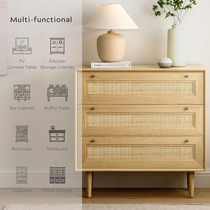 Rattan 3 Drawer Dresser for Bedroom, Modern Dresser Wood Chest of Drawers with Metal Handles,Boho Storage Cabinets Corner Bedside Table for Bedroom, Living Room, Entryway, Natural Oak