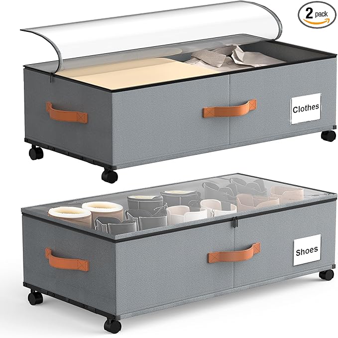Eastherry Under Bed Storage Containers with Wheels, 9.5 inches Higher Underbed Shoes Blankets Clothes Toy Storage Drawers for College Dorms Bedrooms Nursery Rooms Organization, 2 Pack to be Assembled