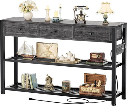 Ecoprsio 47'' Entryway Table with Outlets and USB Ports, Console Table with 3 Drawers, Sofa Table Narrow Long with Storage Shelves for Living Room, Couch, Hallway, Foyer, Kitchen Counter, Grey