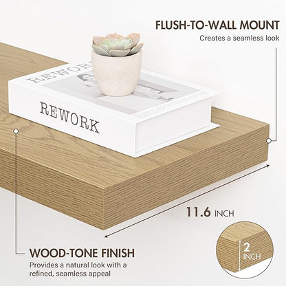 Acovy 55 Inch Floating Shelves, 12" Deep Floating Shelf Wall Mounted, 55" Wall Shelves, Rustic Deep Bookshelf, Extra Deeper & Thicker Display Shelves for Bedroom, Living Room, Oak, Set of 2