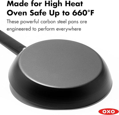OXO Obsidian Pre-Seasoned Carbon Steel, 8" Frying Pan Skillet with Removable Silicone Handle Holder, Induction, Oven Safe, 1.8 Liters, Black