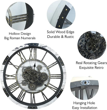 DORBOKER 27 Inch Large Wall Clock Farmhouse Wooden Clock with Moving Gears HD Toughened Glass Cover, Oversized Industrial Steampunk Rustic Wall Clock for Living Room Decor Home Kitchen Office (White)