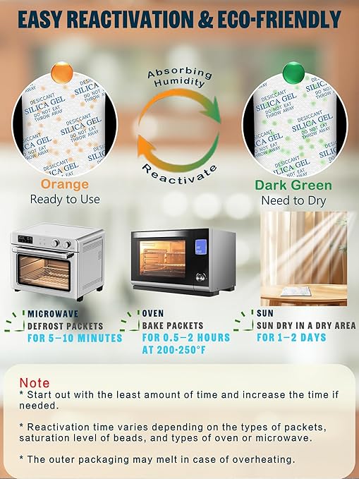5 Gram (150 Pack) Color-Indicating Silica Gel Packets, Premium Food Grade Desiccant - Rechargeable Moisture Absorbers for Food Storage, Electronics, 3D Filament & Safes