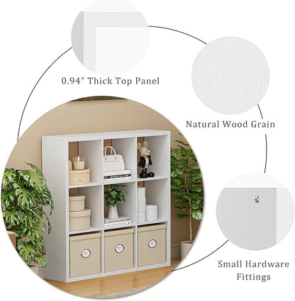 Cube Storage Organizer Bookcase, Decorative 11 inch Open Back Cubical Shelf with Thickened Border, Display Bookshelf for Living Room, Home Office, Sturdy Room (White, 9 Cube)