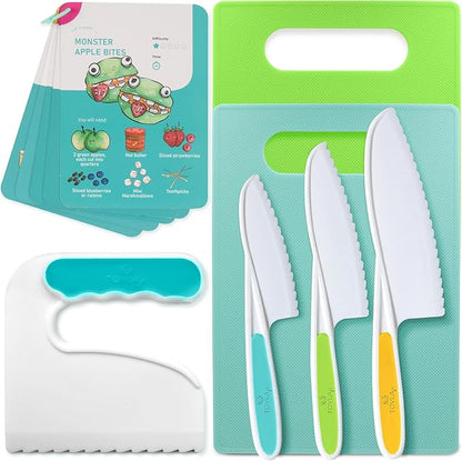 Tovla Jr Kids Safe Knife Set for Real Cooking | Toddler Knife Set with Chopper and Cutting Boards | Montessori Kitchen Tools with Visual Recipe Booklet | Ages 4 to 10