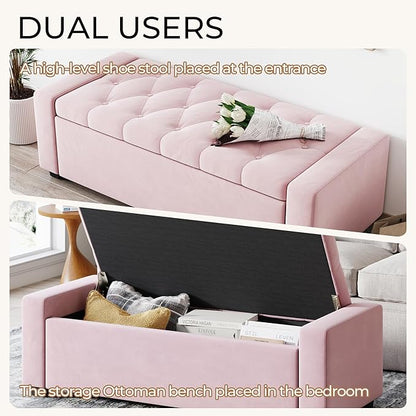 Storage Ottoman Bench,Large Entryway Ottoman with Storage, Rectangular Bench with Cushion and Safety Hinge for Living Room Bedroom