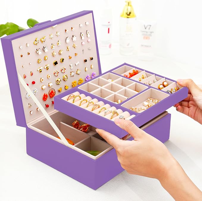 QBestry Girls Jewelry Box for Earrings Jewelry Organizer Box Teen Girls Earrings Organizer Jewelry Box with Earring Holder Organizer Stud Earring Box for Girls Womens Jewelry Case Organizer Purple