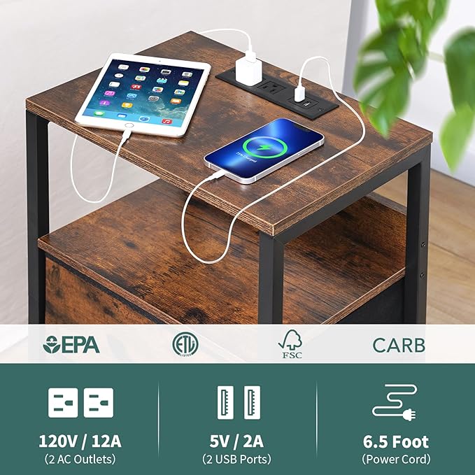 Yoobure Nightstand with Charging Station, Small Night Stand with Fabric Drawers and Storage Shelf for Bedrooms, Small Spaces, Bedside Table with USB Ports & Outlets