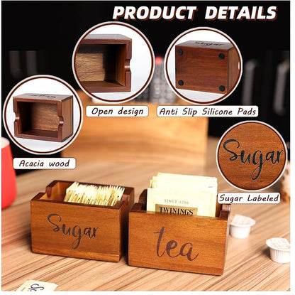 Acacia Sugar Packet Caddy for Coffee Bar, Farmhouse Wood Sugar Holder Packets , Sugar Packet Container, Small Tea Bag Organizer for Office Table,Hotel, Restaurant, Brown Labeled Sugar