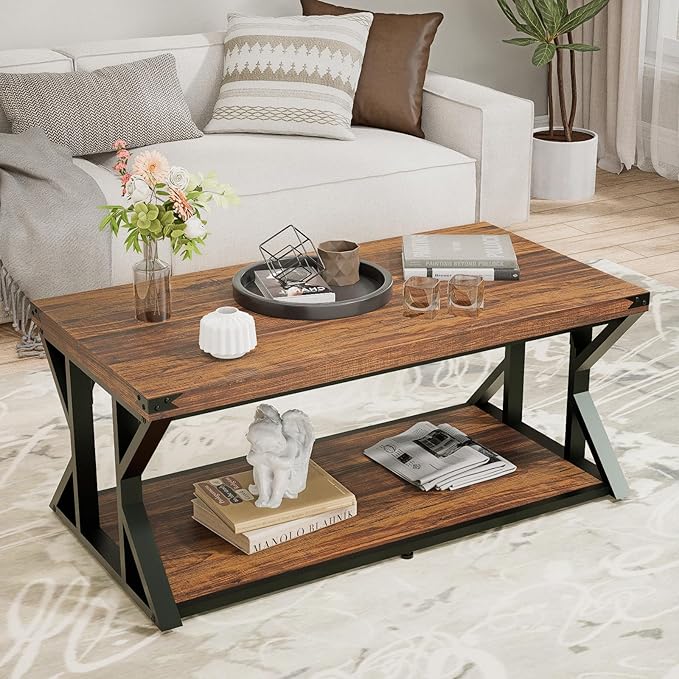 Rectangular Coffee Table, 43" Industrial Living Room Center Tables with Storage Shelf, Heavy-Duty Farmhouse Cocktail Tea Table with Angle Iron Tabletop&Metal Frame, Rustic Brown