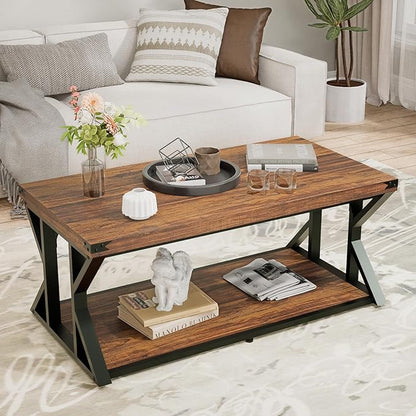 Rectangular Coffee Table, 43" Industrial Living Room Center Tables with Storage Shelf, Heavy-Duty Farmhouse Cocktail Tea Table with Angle Iron Tabletop&Metal Frame, Rustic Brown