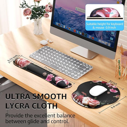 KTRIO Keyboard Wrist Rest & Mouse Pad with Wrist Rest Set, Peony Flower | Memory Foam Wrist Support, Ergonomic Design, Non-Slip Base, Office and Home Use