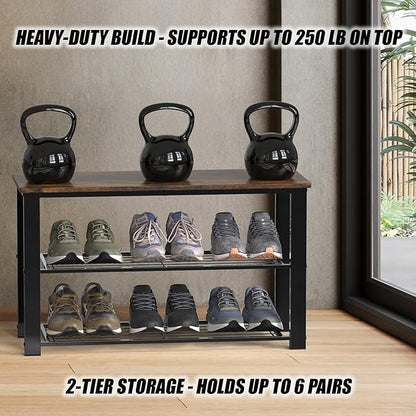 Simple Houseware Wood Top Shoe Storage Bench for Entryway, Rustic Brown