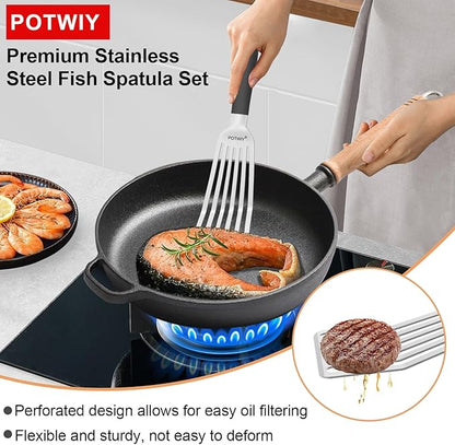 POTWIY Stainless Steel Fish Spatula, Metal Fish Turner with Silicone Handle, Kitchen Slotted Spatula for Cast Iron Skillet Cooking and Grilling, Beveled Edge and Curved Blade, 13.5 Inch