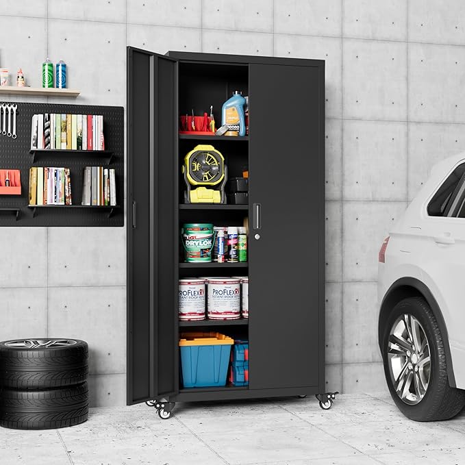 Garage Storage Cabinet with Wheels, Metal Storage Cabinet with 4 Adjustable Shelves and Lockable Doors for Garage Home Utility Room,Required Assembly,Black,73" H×31.57" W×15.71" D