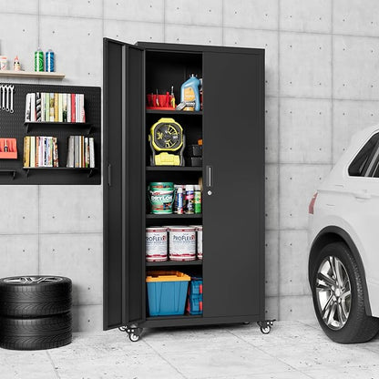 Garage Storage Cabinet with Wheels, Metal Storage Cabinet with 4 Adjustable Shelves and Lockable Doors for Garage Home Utility Room,Required Assembly,Black,73" H×31.57" W×15.71" D