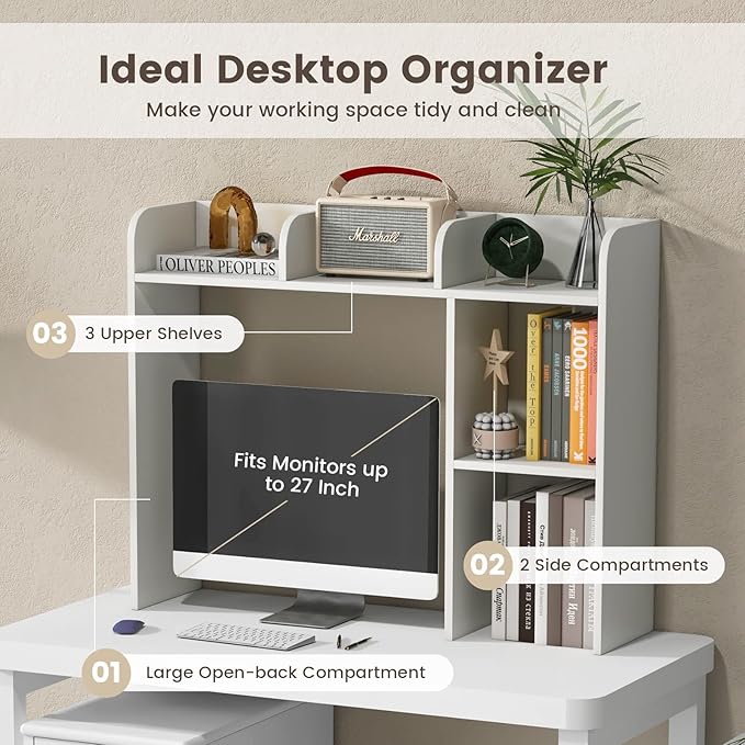 Desk Hutch, Desktop Shelf with 5 Shelves, Desk Bookshelf w/Anti-Toppling Devices, Wood Table Top Bookshelf Organizer, Small Desk Shelf for Study, Office, Dorm (White, 5 Shelves)