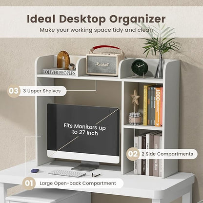 Desk Hutch, Desktop Shelf with 5 Shelves, Desk Bookshelf w/Anti-Toppling Devices, Wood Table Top Bookshelf Organizer, Small Desk Shelf for Study, Office, Dorm (White, 5 Shelves)