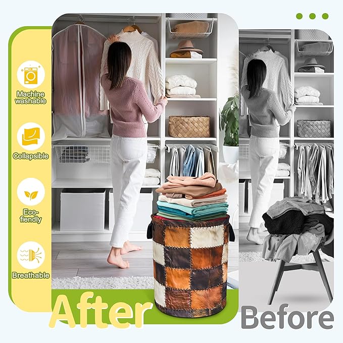 Cow Print Laundry Basket Funny Brown Cowhide Foldable Waterproof Oxford Cloth Tote Bag Laundry Hamper Round Large Clothes Storage Bucket Toy Organizer For Bathroom/Laundry Storage/Bedroom 18.9x16.5 In