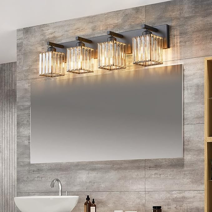 Modern Bathroom Vanity Light 4-Lights Modern Black Crystal Wall Light Bathroom Vanity Light Fixtures