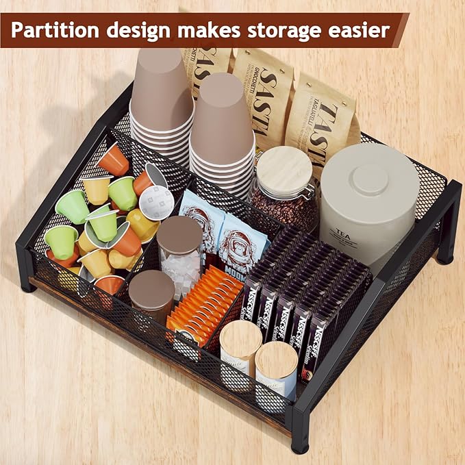Homsorout Coffee Station Organizer - Coffee Bar Organizer with Removable Dividers for Pods Condiment Syrup Tea Stirrers, K Cup Holder for Kitchen, Office, Home, Countertop, Brown