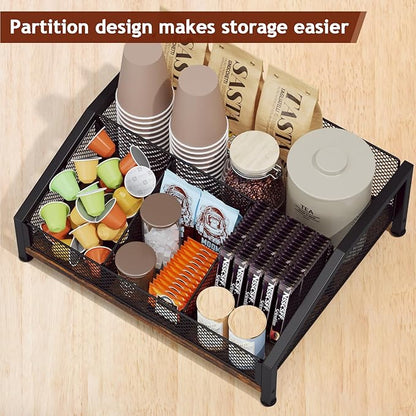 Homsorout Coffee Station Organizer - Coffee Bar Organizer with Removable Dividers for Pods Condiment Syrup Tea Stirrers, K Cup Holder for Kitchen, Office, Home, Countertop, Brown