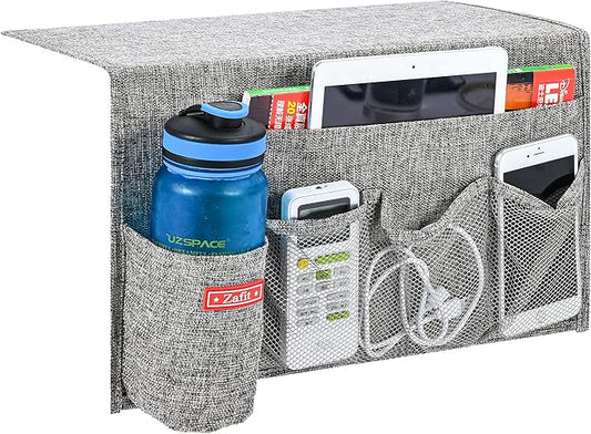 Zafit Linen 5 Pockets Bedside Caddy, Bedside Storage Organizer with Water Bottle Holder for Magazine, Remotes, Phone (Grey)