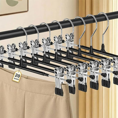 POZEAN Pants Hangers with Clips for Women 20 Pack, 12Inch Adjustable Heavy Duty Skirt Hangers, Space Saving Non-Slip Shorts Jeans Trousers Clothes Hangers, Black