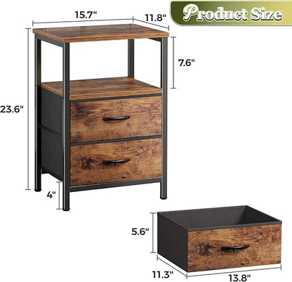 Huuger Night Stand Set 2, Nightstand with 2 Drawers, Bed Side Table with Open Shelf, Wooden Top, End Table, Fabric Drawer, for Bedroom, Rustic Brown