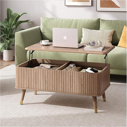 JOINICE Lift Top Coffee Table with Storage,Natural Wood Center Table for Living Room, Modern Farmhouse Oak Fluted Design,Pop-Up Desk for Work & Dining