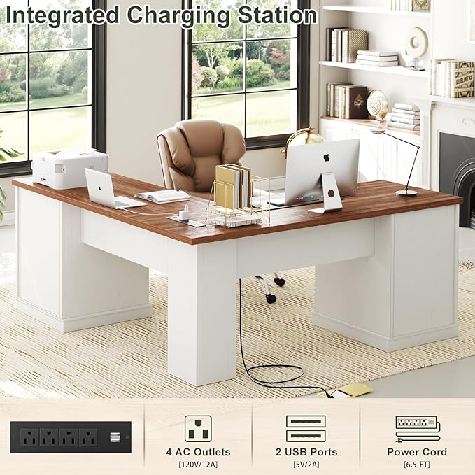 Unikito Farmhouse L Shaped Executive Desk with File Drawers, 60" Corner Computer Desk with Power Outlets, Large 2 Person Home Office Table with Storage Cabinet, Sturdy Writing Desk, White and Brown
