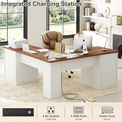 Unikito Farmhouse L Shaped Executive Desk with File Drawers, 60" Corner Computer Desk with Power Outlets, Large 2 Person Home Office Table with Storage Cabinet, Sturdy Writing Desk, White and Brown
