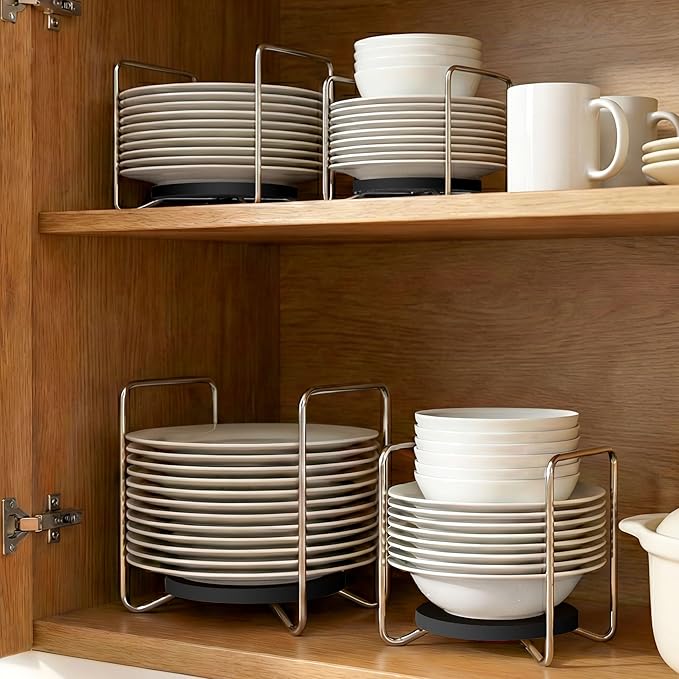 Adjustable Dish Rack for Kitchen Counter - Bamboo Plate Holder Organizer for Cabinet Wooden Bowl Organizer Stainless Steel Plate Stand Storage for Kitchen Drawer Countertop Cupboard Shelf RV