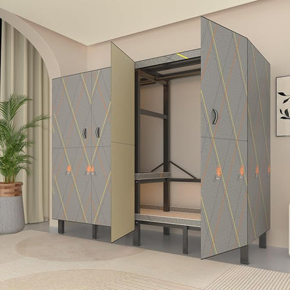 Foldable Portable Wardrobe Closet with Magnetic Doors & Cover, Heavy Duty Covered Clothes Rack with Hanging Clothing Rod, Metal Frame Standing Alone Closet for Bedroom (Door Design D, 49.2IN/125CM)